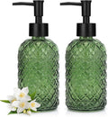 2 Pack Gem Glass Soap Dispenser with Black Plastic Pump, 13oz Liquid Hand Soap Dispenser, Rustproof Pump for Kitchen & Bathroom, Great for Lotions, Essential Oil, Liquid Soaps-Army Green