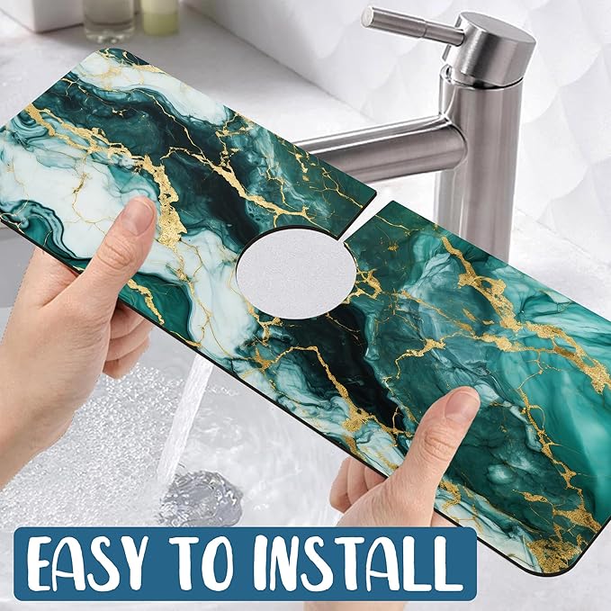 Green Marble Sink Faucet Absorbing Mat Liquid Gold Marble Super Absorbent Fast Drying Mat Sink Gadgets Behind Faucet Sinkmat for Kitchen Bathroom, 15.5"x5.5"