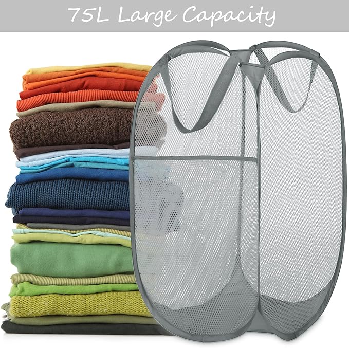 BATTOO Deluxe Strong Mesh Pop up Laundry Hamper Basket with Side Pocket for Laundry Room, Bathroom, Kids Room, College Dorm or Travel 2 x Grey