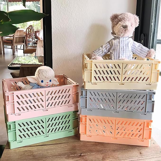 Pastel Plastic Storage Baskets 2 Pack, Collapsible Crates for Organizing, Space-Saving Bins for Kitchen, Office, Bedroom (Grey, Medium:9.8" x 6.5" x 3.8")