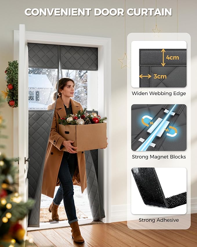 Magnetic Thermal Insulated Door Curtain Fits Door Size 32" x 80", Oxford Cloth Thicken Cotton Fiber Filled, Self-closing Screen Insulation Cover Keep Warm in Winter, with Clear Windows, Grey