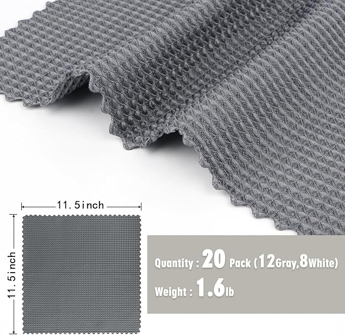 GLIMGLINT Waffle Weave Microfiber Towel,Lint Free Microfiber Cleaning Cloth for Household,Reusable Dish Towels,20Pack,11.5x11.5 Inch, (12 Grey, 8 White)
