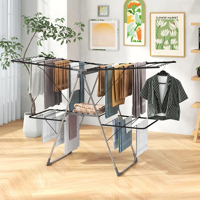 Tangkula Laundry Drying Rack, Foldable Clothes Drying Rack with Height Adjustable Wings, 33 Drying Rails & Sock Clips, Freestanding Gullwing Garment Stand for Indoor & Outdoor Use (Sliver+Grey)