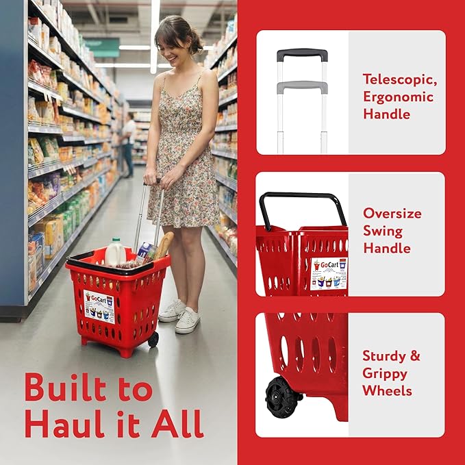 dbest products GoCart, Red Grocery Cart Shopping Laundry Basket on Wheels