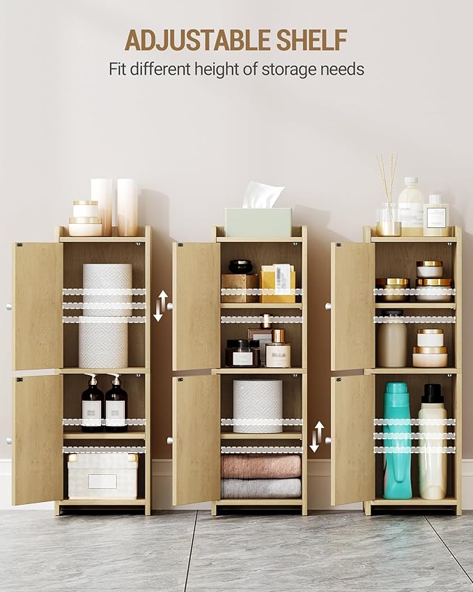Bathroom Storage Cabinet, Small Corner Floor Cabinet with 2 Doors and Adjustable Shelf, Narrow Toilet Paper Cabinets, Bathroom Organizer for Small Spaces, 7.9" D x 9.8" W x 29.5" H Yellow