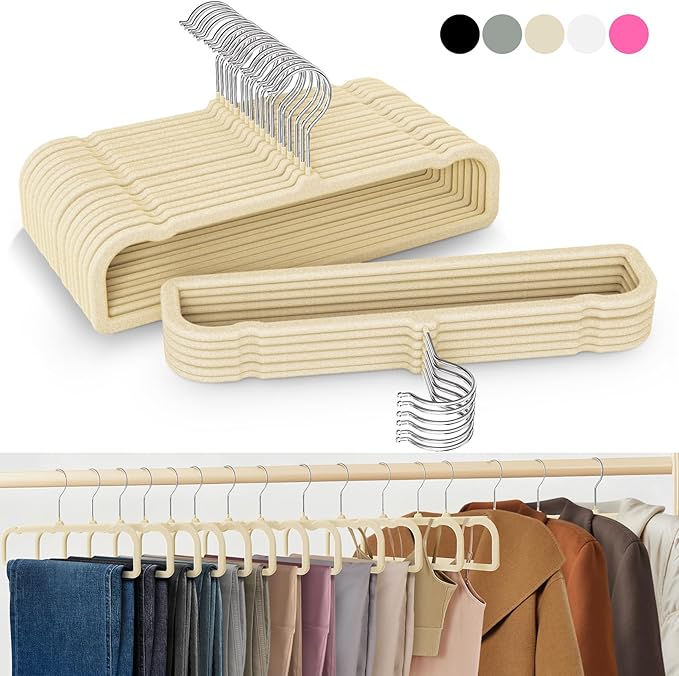 50 Pack Velvet Hangers Non Slip, Felt Pants Hangers Thin Space Saving Clothes Hanger Flocked Strong Durable Ganchos para Colgar Ropa with 360°Swivel Hook for Pants Jeans Shorts Tank Top, Cream White