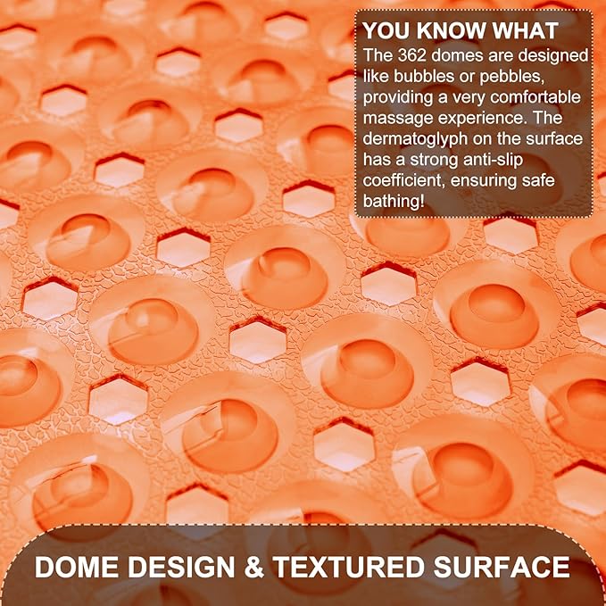 Bath Tub Shower Mat, Non Slip Bathtub Floor Liner Mats with Suction Cups and Drain Holes, Machine Washable Bathmat for Bathroom Floor Safety, 40 x 16 Inch, Clear Orange