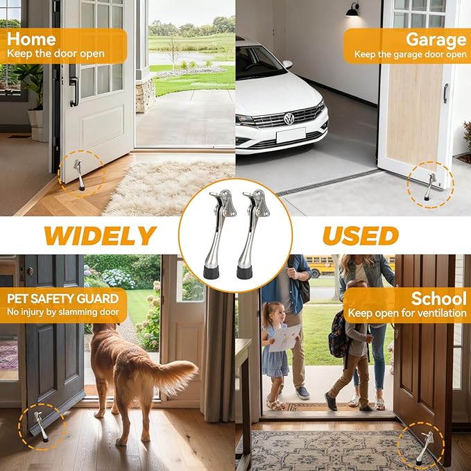 Kickdown Door Stopper 5Inches - 2 Packs One Touch Adjustable Height Door Stop for The Bottom of Door The Bottom of Door Aluminum Alloy Metal Door Stopper with Rubber Tip Satin Nickel