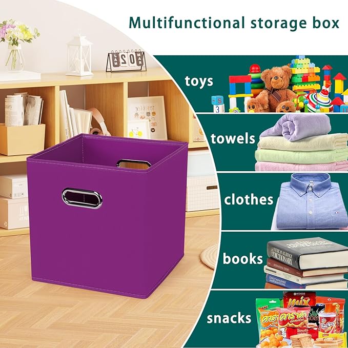 Black Foldable Storage Cubes Bins, Fabric Storage Box Cubes Organizer Baskets with Dual Handles for Home Organizer,Set of 6,(Purple)