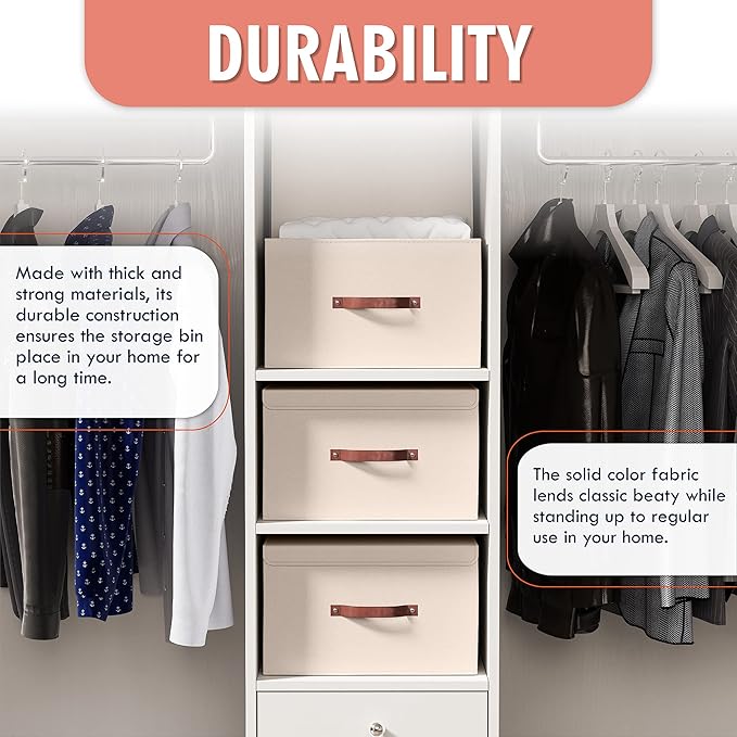 Ornavo Home 6 Pack Collapsible Storage Bins with Lid, Foldable Linen Fabric Shelf Storage Basket Closet Organizer and Large Storage Box for Clothes with Leather Handles, 15 x 10 x 9, Beige