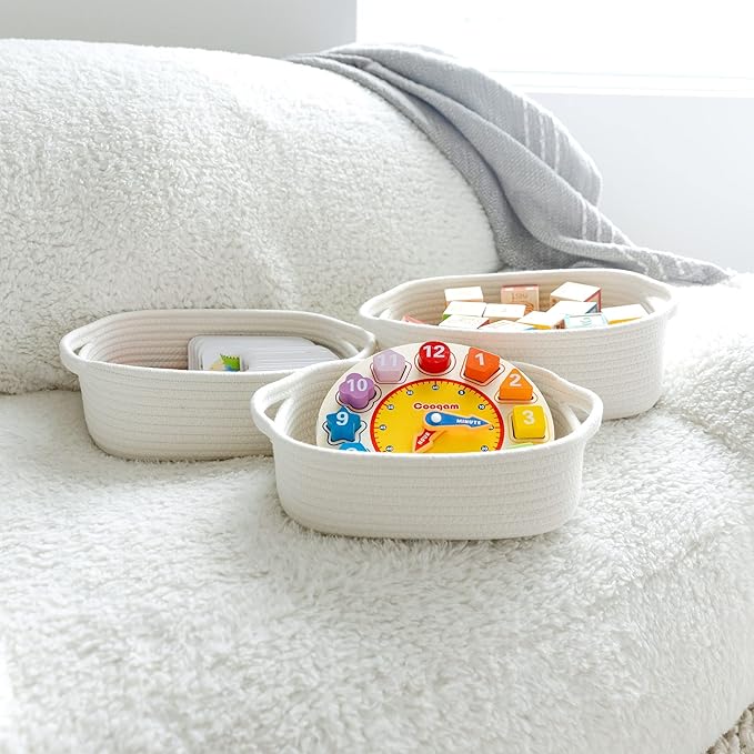NaturalCozy 5-Piece Rectangle Storage Basket Set- Natural Cotton Rope Woven for Organizing! Small Basket for Montessori, Baby Nursery, Dog Toy Baskets, Cat Toy Box, Bathroom Organization Bin