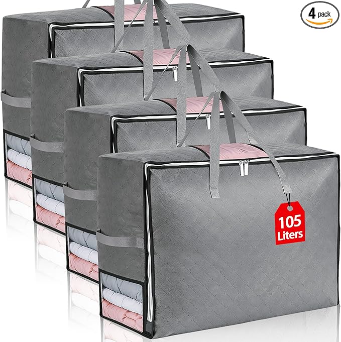 4Pack 105L Extra Large Blanket Storage Bags, Foldable Comforter Storage Bag for Bedding Pillow Sheet Clothes with Handles Zippers Clear Window Closet Organizers and Storages, Grey