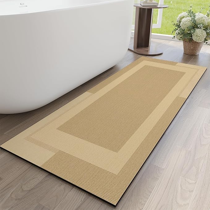 YDKGL Non Slip Long Bathroom Runner Rug Bath Mat, Rubber Backing Ultra Thin Bathroom Rugs Fit Under Door Quick Dry Super Absorbent Washable Shower Mat for Bathtub Sink Floor, Brown 17"x59"
