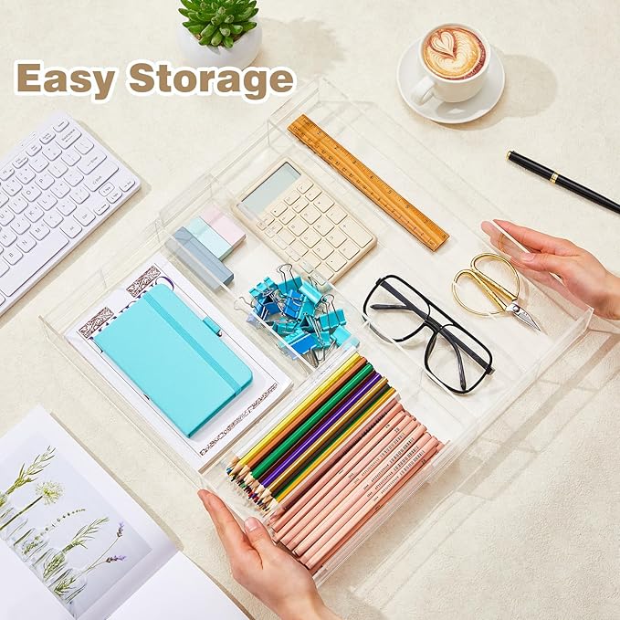 2 Pcs Acrylic Drawer Organizer 9'' up to 18'' x 15'' x 2'' Expandable Drawer Organizer Pens Notebook Ruler Makeup Tray with 7 Adjustable Compartments for Desk Office Kitchen Bathroom(Clear)