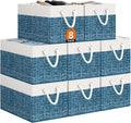 Storage Bin,Collapsible Storage Basket For Organizing,Large Storage Boxes With Rope Handles,Storage Containers,White & Blue,8 Pack