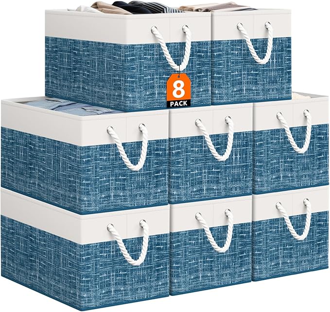 Storage Bin,Collapsible Storage Basket For Organizing,Large Storage Boxes With Rope Handles,Storage Containers,White & Blue,8 Pack