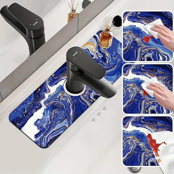 Sink Faucet Absorbing Mat Blue Gold Marble Sink Splash Guard Drying Mat for Kitchen Bathroom Faucet Sinkmat 15.5"X5.5"