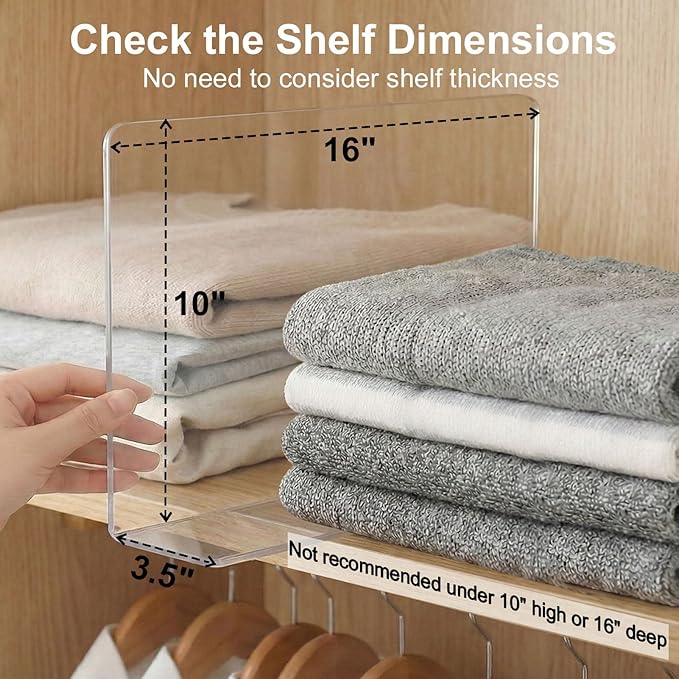 Shelf Dividers for Closet Organization: 10" Tall x 16" Deep, Deeper Adhesive Separators Features Acrylic Material and Provides Storage for Clothes and Sweater in Bedroom Cabinets(6-Pack)