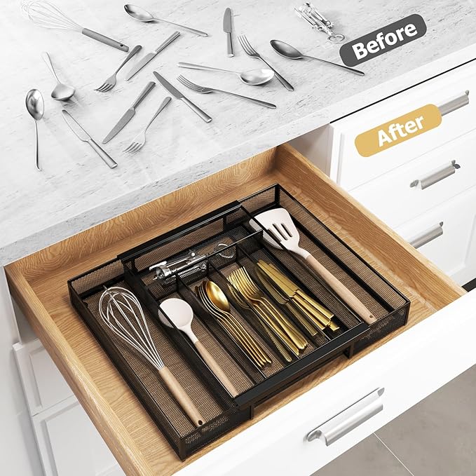 Silverware Organizer Metal Mesh, Drawer Organizer, Utensil Cutlery Tray for kitchen drawers,Expandable Flatware Organizer with 7 Compartment Black 9.6"~16.1" x 13.8"