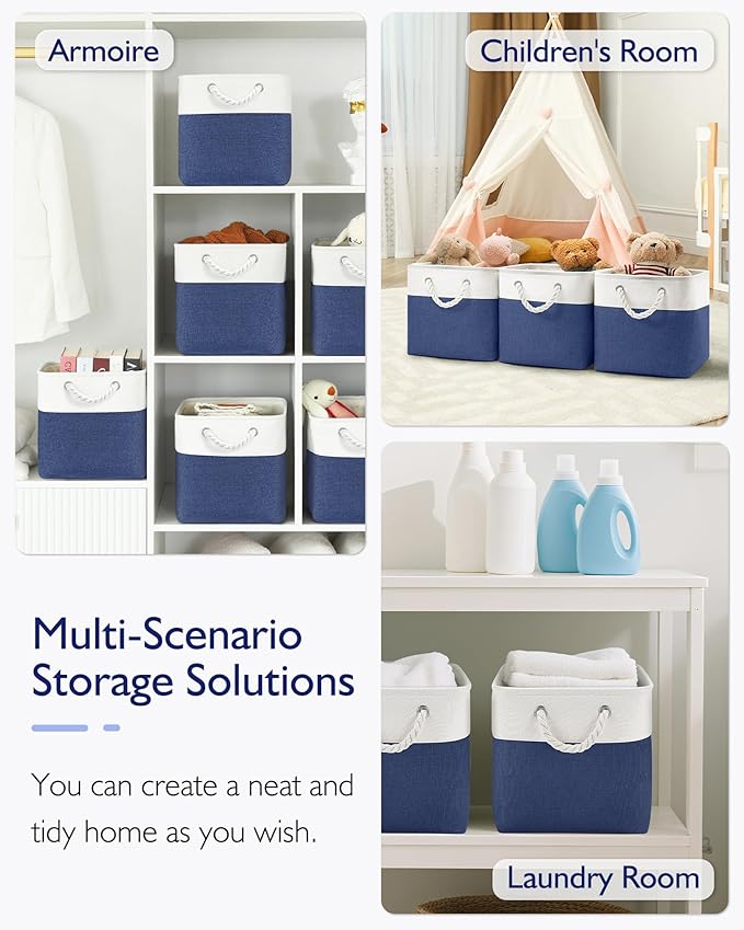 13x13x13 Cube Storage Bins,4 Pack Large Foldable Fabric Storage Cubes with Handles for Organizing Home, Closet, Shelf, Office(White&Blue)