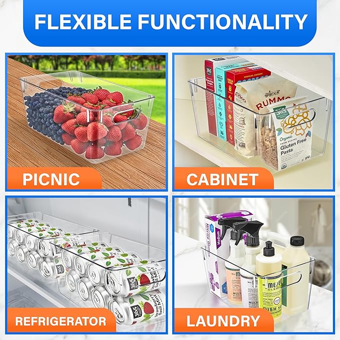 Lifemaster Multi-purpose Refrigerator Bins - 2 pieces Large Capacity Stackable Fridge Bin Organizer with Easy Grip Handles - Clear