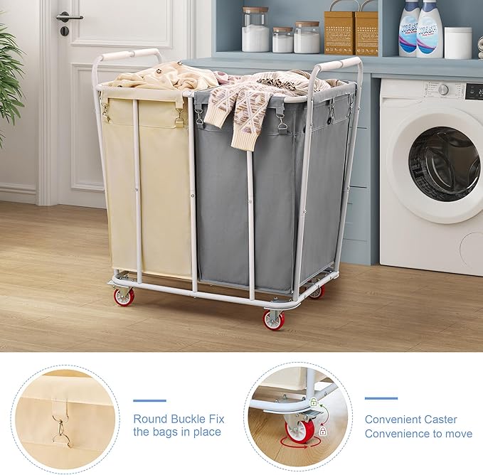 Hoctieon 2 Section Laundry Sorter Cart, 400L Rolling Hamper with Wheels, Industrial Laundry Basket Organizer, Extra Large Dirty Clothes Hamper for Home & Hotel, Heavy Duty, Gray+Beige