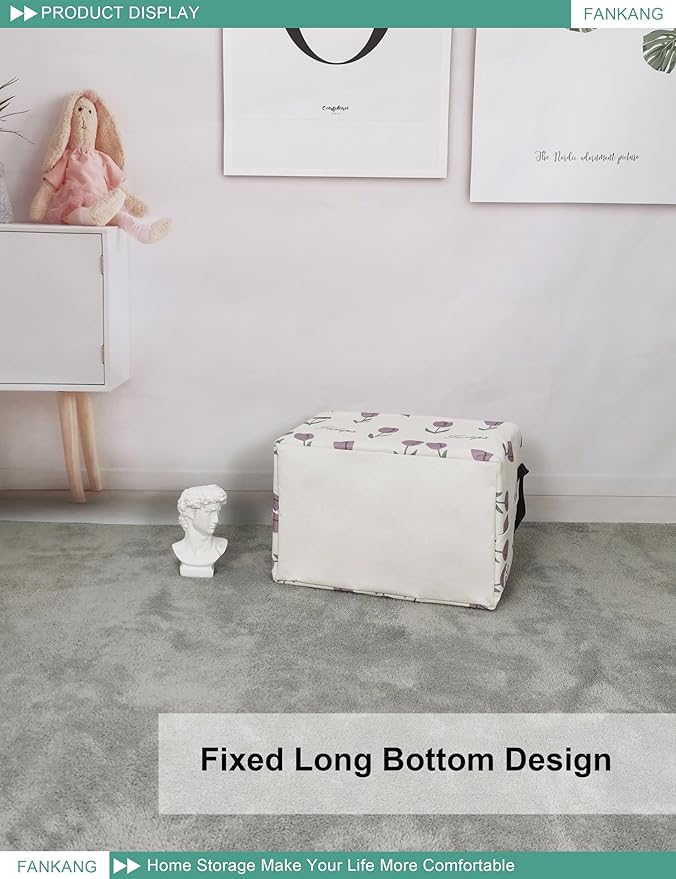 FANKANG Storage Bins, Nursery Hamper Canvas Laundry Basket Foldable with Waterproof PE Coating Large Storage Baskets for Kids Boys and Girls, Office, Bedroom, Clothes,Toys(Rec-tulips ）
