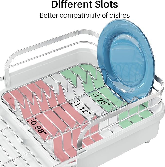 SNTD Dish Drying Rack, Expandable Dish Rack for Kitchen Counter, Stainless Steel Dish Drainer with Drainboard Set and Utensil Holder (White)