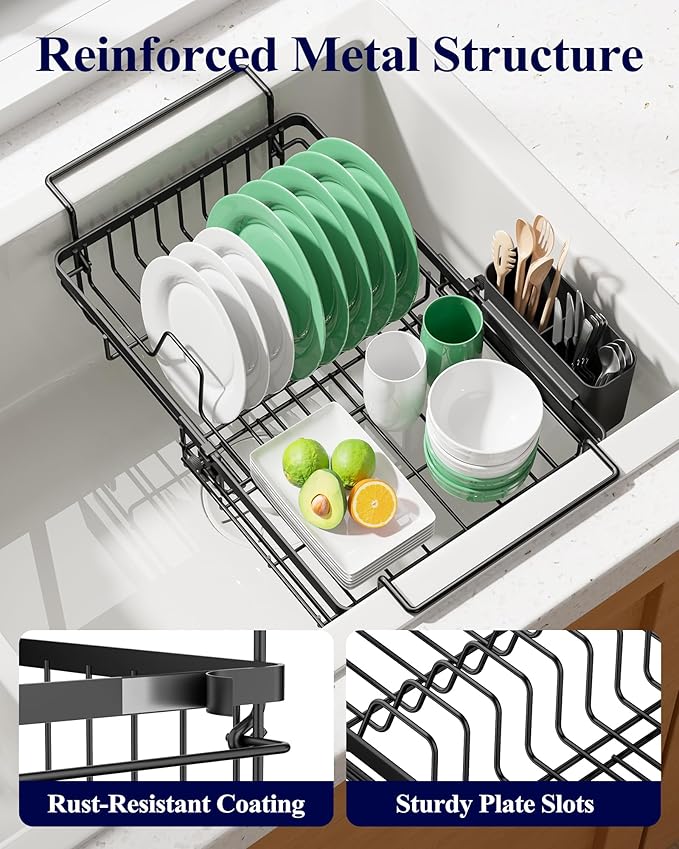 Kitsure Dish Drying Rack – Expandable in-Sink or Over-Sink Dish Rack for Kitchen Counter, Rust-Resistant Metal Dish Strainer with Cutlery Holder, 10.82"-17.12" L x 11.02" W x 3.93" H, Black
