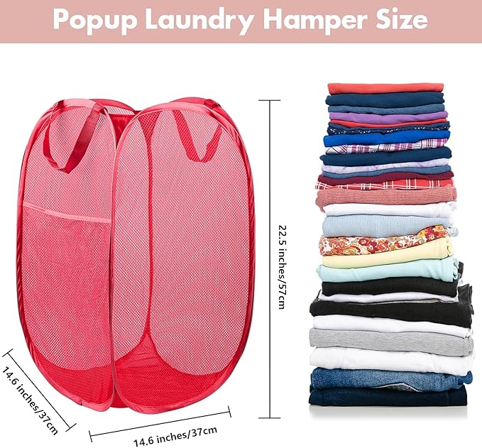 DUCOO Pop Up Hamper, 1 PCS Mesh Pop Up Laundry Hamper, Foldable Mesh Laundry Basket with Space-Saving Design for Home, Dorm, Travel & Storage - Red