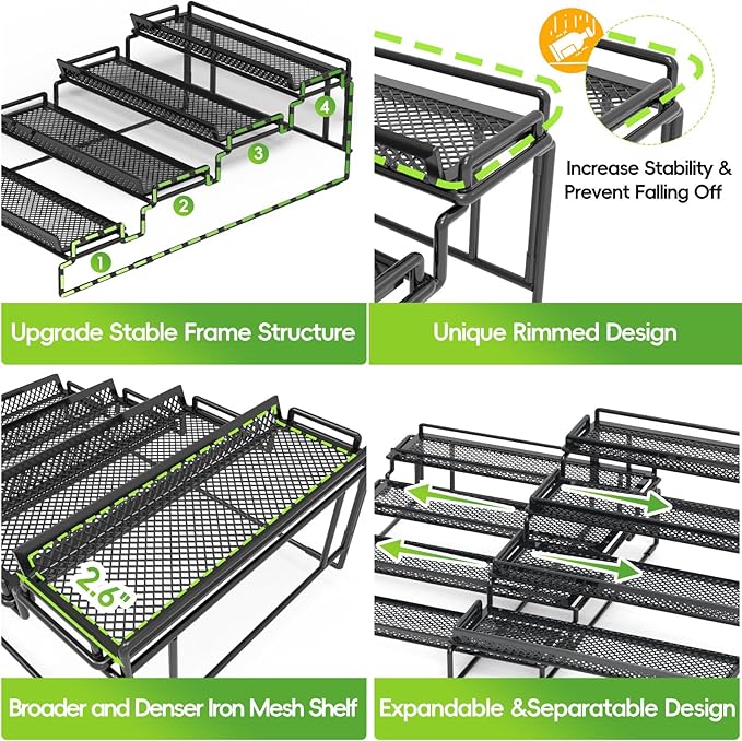 4 Tier Adjustable Spice Rack Organizer for Cabinet - Black (2 PCS S&L) Expandable Spice Shelf with Protection Railing for Inside Cabinets, Countertop, Pantry Storage & Seasoning Organization