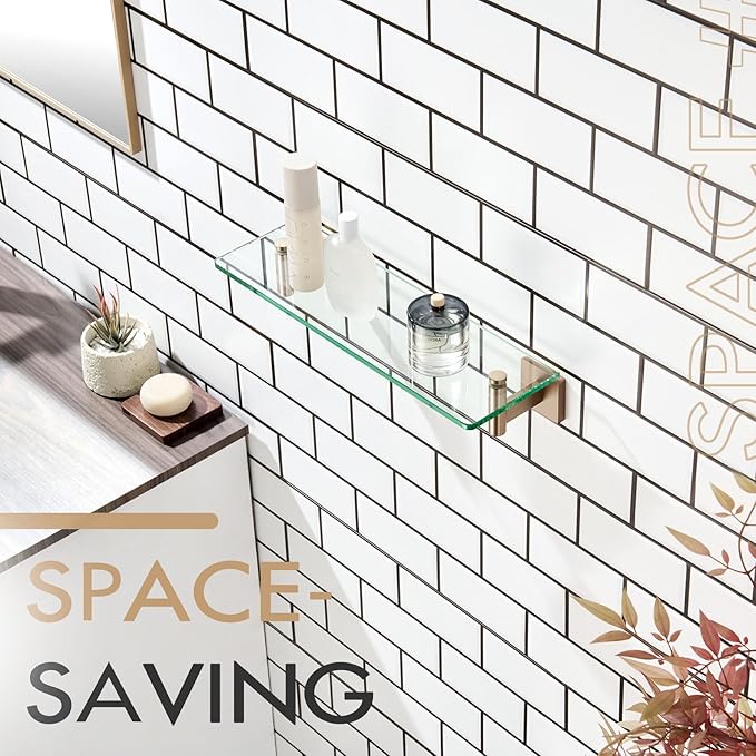 KOKOSIRI Wall Shelves Bathroom Hardware Glass Floating Shelf Small Hanging Rack Storage/Room Decor 16-Inch Champagne Bronze 2 Pack B1105CPG-L16-P2