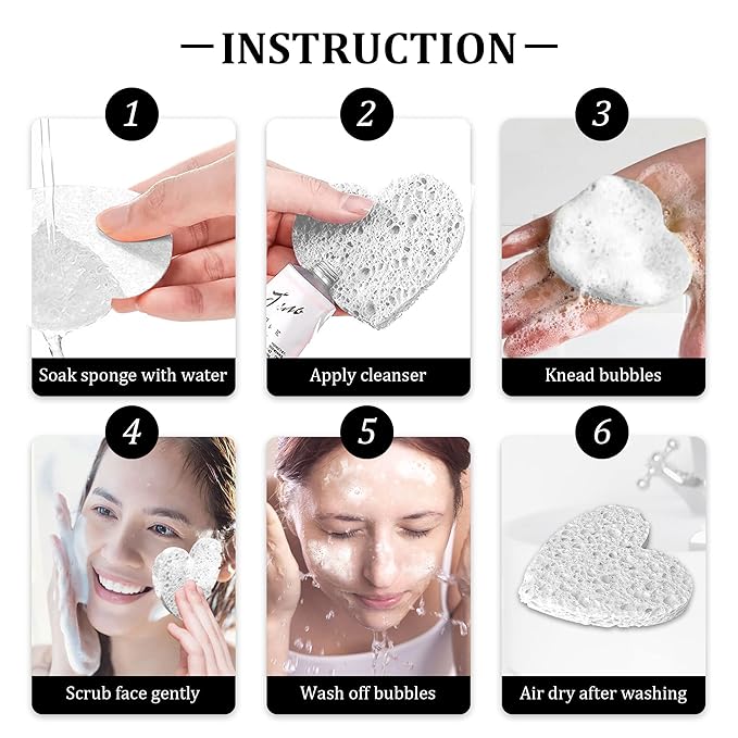 60-Count Kickleen Compressed Cellulose Heart Shape Facial Sponges | 100% Natural Cosmetic Spa Sponges for Facial Cleansing | Exfoliating | Makeup and Mask Removal | Reusable |Skin Massage (White)