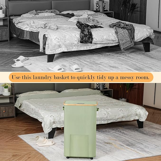 Laundry Basket with Wheels, Dirty Clothes Hamper on Wheels, Rolling Tall Laundry Hamper with lid for Laundry Room, Dorm and Bathroom, 75L Sage Green