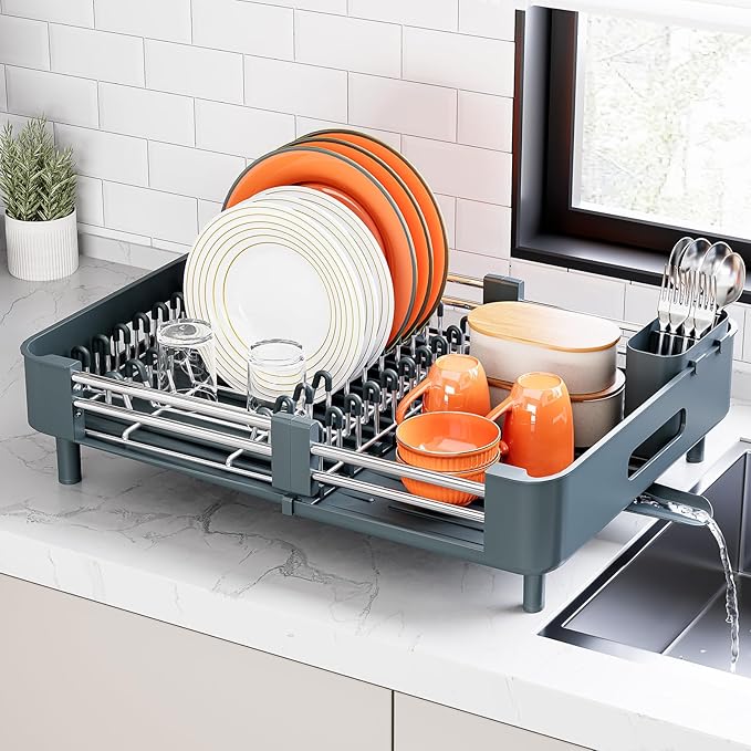 Stainless Steel Dish Drying Rack - Dish Drainer for Kitchen Counter, Extendable Drainboard with Foldable, Space-Saving Cup & Bowl Organizer, Includes Knife and Utensil Holder, Matte-Green