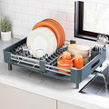 Stainless Steel Dish Drying Rack - Dish Drainer for Kitchen Counter, Extendable Drainboard with Foldable, Space-Saving Cup & Bowl Organizer, Includes Knife and Utensil Holder, Matte-Green
