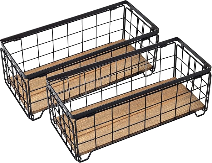 TIEYIPIN Metal Wire Storage Basket, Toilet Paper Roll Holder Wood Base Countertop Decor Box Toilet Tank Shelf Cabinet Organizer for Bathroom Pantry Garage Bedroom Livingroom (Black (2 Pack))