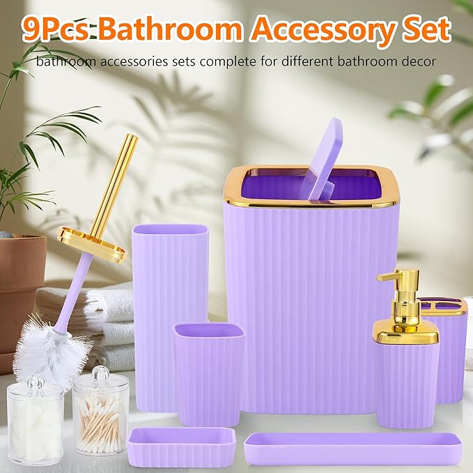 Bathroom Accessory Set,9 Pieces Purple Bathroom Accessories Set with Trash Can, Toothbrush Holder, Soap Dispenser, Toothbrush Cup, Vanity Tray, Soap Dish, Toilet Brush, Qtip Holder