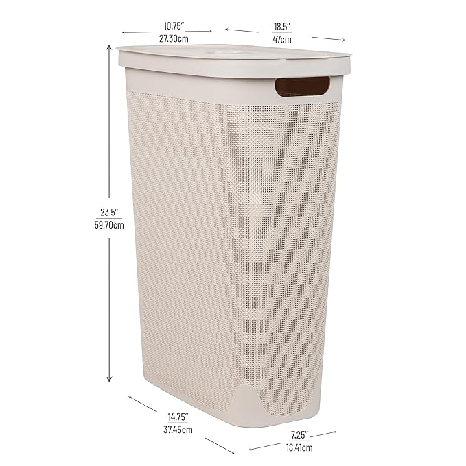 Mind Reader Slim Laundry Hamper with Lid, 40L Clothes Basket, Linen Design, Plastic, Ivory