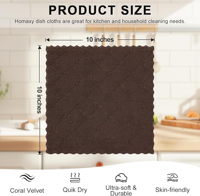Homaxy 12 Pack Kitchen Dish Cloths (10 x 10 Inches, Brown), Super Soft and Absorbent Coral Velvet Dish Towels, Nonstick Oil Fast Drying Microfiber Cleaning Cloth, No Lint Household Dishcloths