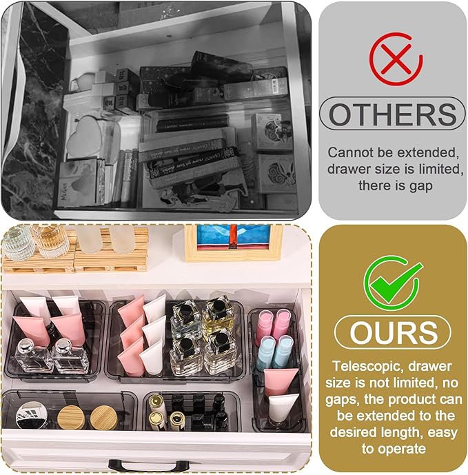 15 Pcs Extendable Clear Drawer Organizer, All Adjustable Vanity Storage Box, 2-Size Desk Drawer Organizer, Acrylic Storage Bins for Makeup, Bedroom Dressers Tool Organizer for Gadgets, Black