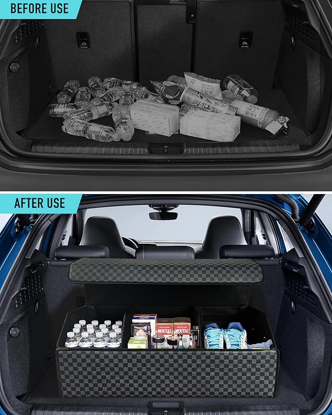 Trunk Organizer for SUV - Leather Storage Box, Extra Large, Magnetic Lid, Collapsible and Adjustable Car Organizer