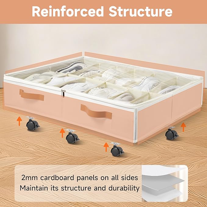 Under Bed Shoe Storage with Wheels 2 Pack, Holds 12 to 24 Pairs, Sturdy Shoe Organizer with Clear Lid, Zippers and 3 Handles, Foldable Fabric Shoe Organizer for Closet