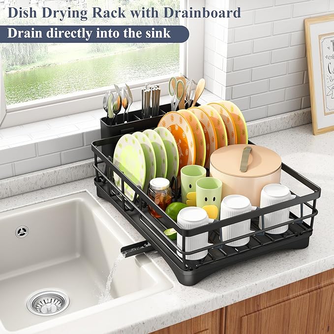 SAYZH Dish Drying Rack - Stainless Steel Dish Rack for Kitchen Counter, Large-Capacity Dish Drainer with Cutlery Holder, Kitchen Organizer for Dishes, Spoons and Forks, Black