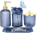 Jenseits Blue Bathroom Accessories, 4 Pcs Glass Bathroom Set Complete Includes Soap Dispenser, Toothbrush Holder, Apothecary Jar, Vanity Tray, Decorative Bathroom Organizers Decor, Housewarming Gift