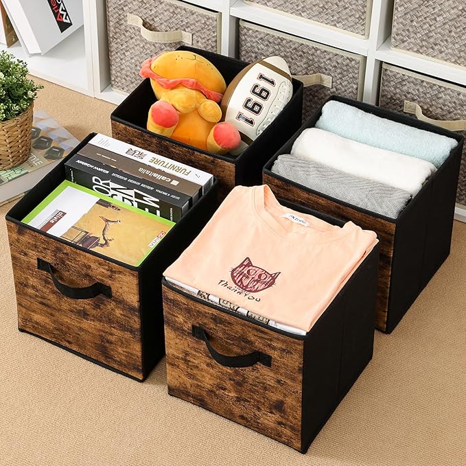 Stero Fabric Storage Cubes, 6 Pack Foldable Storage Bins with Handle, 11 Inch Box for Shelves, Closet, Organizer, Rustic Brown and Black