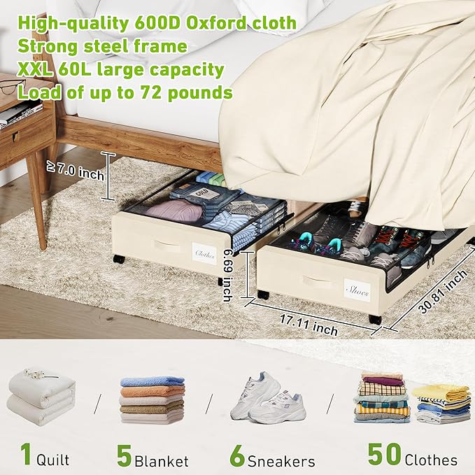 Under Bed Storage with Wheels, XXL 60L Under the Bed Storage Bins, Underbed Storage Containers with Lids & Label, Rolling Metal Drawer for Shoes, Clothes, Books, Toys (2-Pack Beige)