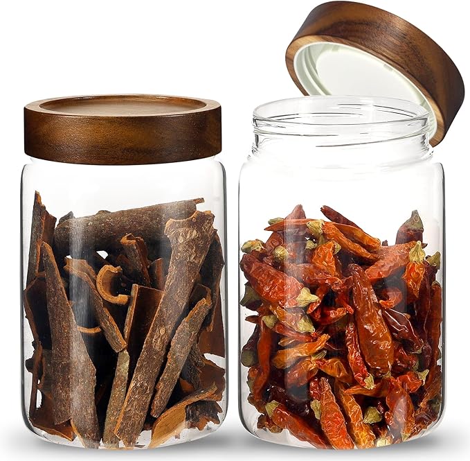 Patoper Airtight Glass Jars with Wooden Lid Glass Spice Jar Round Glass Storage Canister for Pantry Sugar Tea Coffee Bean Nuts Cookies Bath Salts (900ML*2PACK)