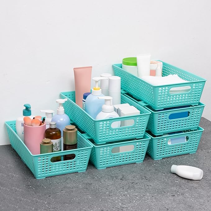 Tiawudi Stackable Woven Plastic Basket, Storage Bins for Cabinet, Closet, Shelf, Under Sink and Countertop, Pantry Organizer Bins, 6 Pack