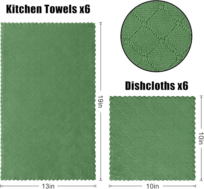 Homaxy Kitchen Towels and Dishcloths Set, 10 x 10 and 13 x 19 Inches, Set of 12 Super Soft and Absorbent Coral Velvet Kitchen Towels, No Lint and Nonstick Oil Fast Drying Dish Towel, Grass Green